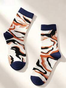 1 Pasang Kaos Kaki Wanita Motif Gelombang Abstrak Setinggi Betis, Kaos Kaki Kasual Lembut dan Bernapas dengan Desain Retro Blok Warna dan Patchwork - MultiWarna - View 5