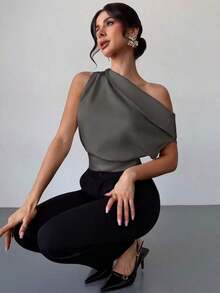 Blusa asimétrica plisada de color albaricoque, elegante y asimétrica, adecuada para el Día de San Valentín y el verano, con un estilo nuevo para la oficina/casual/vacaciones/festivales de música - Gris - Ver 3