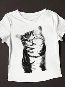 Women's T-Shirt With White Cat Face Print - Soft And Breathable, Round Neck, Short Sleeve, Loose Fit, Casual Summer T-Shirt, Black And White Cartoon Print, Suitable For Casual Wear And Parties, Machine Washable (Local Delivery), 100% Cotton 180g. - 白色 - 查看 1