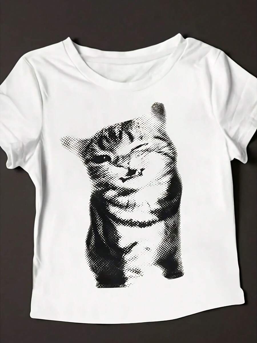 Women's T-Shirt With White Cat Face Print - Soft And Breathable, Round Neck, Short Sleeve, Loose Fit, Casual Summer T-Shirt, Black And White Cartoon Print, Suitable For Casual Wear And Parties, Machine Washable (Local Delivery), 100% Cotton 180g. - 白色 - 查看 1