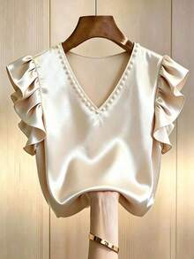 Blusa con cuello en V y volantes de color champán para mujer - Champán - Ver 1