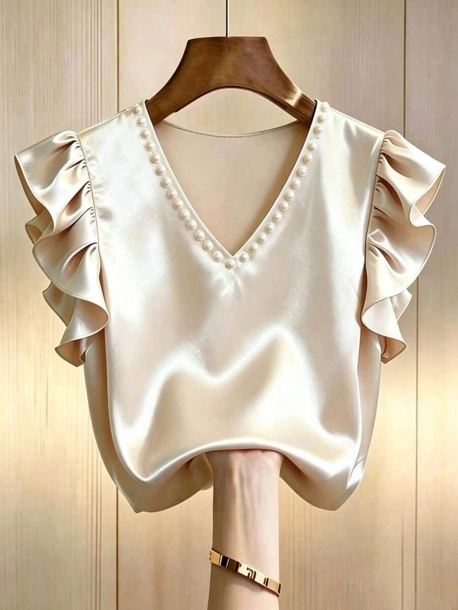 Blusa con cuello en V y volantes de color champán para mujer - Champán - Ver 1