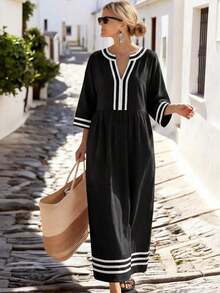 Vestido casual de fiesta con cuello en V y bloques de color para vacaciones de mujer - Negro - Ver 4