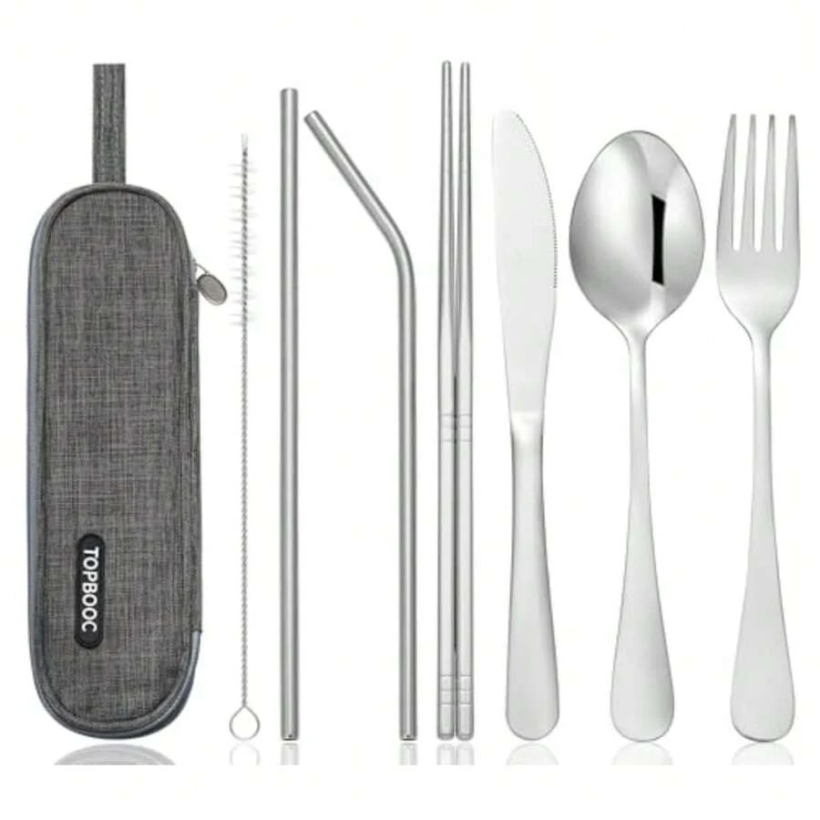 Purple - Portable Stainless Steel Flatware Set, Travel Camping Cutlery Set, Portable Utensil Travel Silverware Dinnerware Set with a Waterproof Case Purple - Plateado - Ver 1