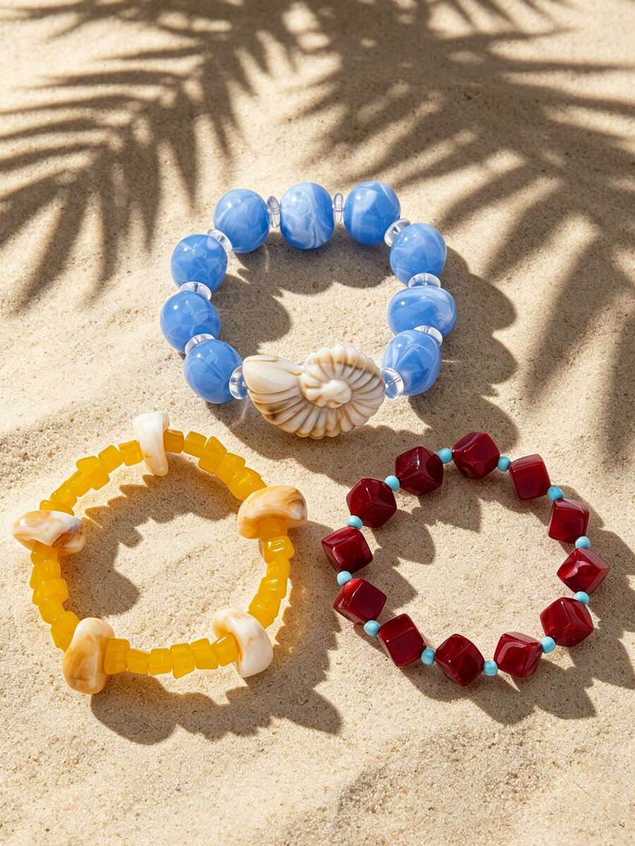 1条夏季度假不对称串珠弹力手链,沙滩波西米亚贝壳串珠手链,色彩缤纷的Y2K独特女士饰品,适合日常通勤 - 串珠手串 - 查看 1
