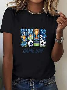 Camiseta de mujer de una pieza con cuello redondo y estampado, Serie de ropa EE. UU.-México, Camiseta de mujer estilo urbano con cuello redondo, Estampado de trofeo "GAME DAY", Prenda superior llamativa de ajuste holgado para ropa de calle. Ropa para aficionados al fútbol, Ropa para animar. Nueva - Negro - Ver 2