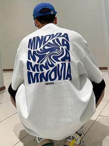 Oversized 180gsm T-Shirt With Back Print - White, Blue Greek Key Design And MINOVA/NOVA Logo, Round Neck Short Sleeve For Summer, Machine Washable - White - View 1