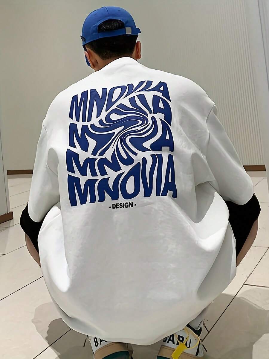 Oversized 180gsm T-Shirt With Back Print - White, Blue Greek Key Design And MINOVA/NOVA Logo, Round Neck Short Sleeve For Summer, Machine Washable - White - View 1