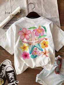 Women's XL 100% Cotton T-Shirt, Double-Sided Tropical Starfish And Hibiscus Flower Print, Crew Neck Short Sleeves, Casual Urban Beach Everyday Y2K Summer Top. - 白色 - 查看 2