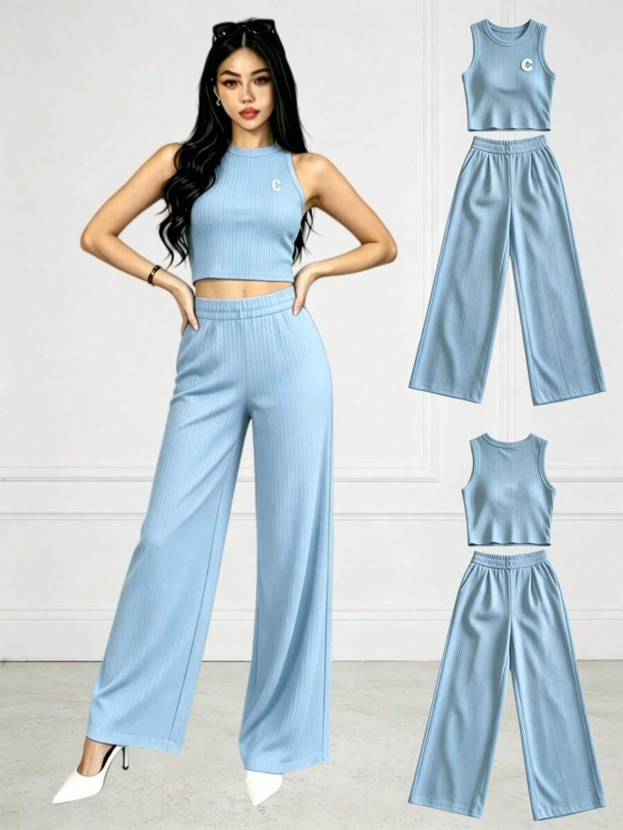 2-Piece Set Of Tank Top And Solid-Color Pants For Casual Holiday Wear - Blue - View 1