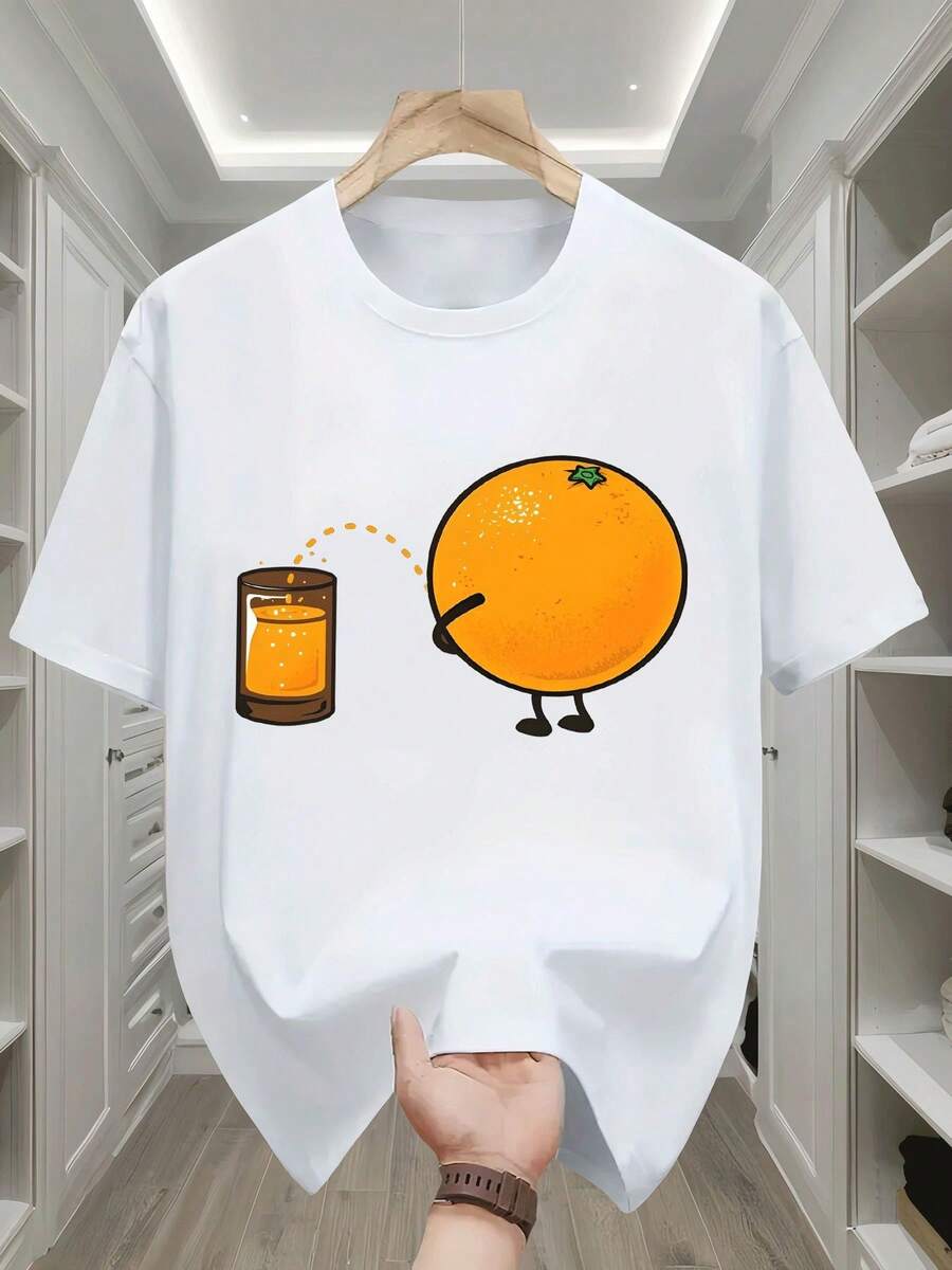 Kids' Casual Round Neck Short Sleeve T-Shirt, Orange Juice Cartoon Leg Pattern, Daily Holiday Sportswear For Children - 白色 - 查看 1