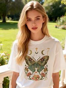 Women's Loose-Fitting Country Gothic Style T-Shirt With Butterfly And Plant Print - Short Sleeve Round Neck Top, Crescent Moon And Flower Design, Semi-Transparent Casual Shirt, Suitable For Spring And Summer, Breathable Fabric, Soft Texture, Bohemian Style Printed Shirt, Summer Clothing. - 白色 - 查看 4