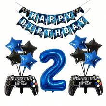 遊戲主題生日派對裝飾套組，藍黑數字氣球 1-12、生日快樂海報、遊戲手把氣球 - 查看 6