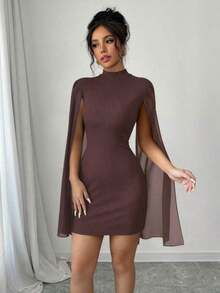Solid Color Fitted Cape Dress With Mandarin Collar - Brown - View 6