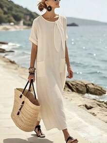 Holidaya Vestido de mujer de manga corta de longitud media con cuello de corbata, bolsillo suelto y textura de tela de color albaricoque para uso diario, viajes y vacaciones. Vestido largo de mujer estilo resort, vestido casual de verano Zanzea para mujer. Vestidos casuales largos para mujer en color azul claro, azul bebé y turquesa. - Celeste - Ver 10