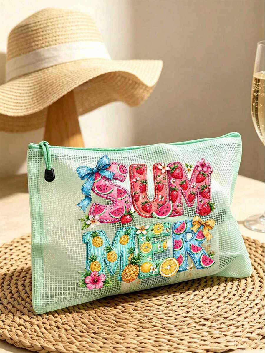 防水時尚沙灘包,適合夏季,飾有「Summer」水果字母圖案。大容量透明化妝包,配有個性化夏季水果主題設計,配備尼龍拉鍊 - 彩色 - 查看 1