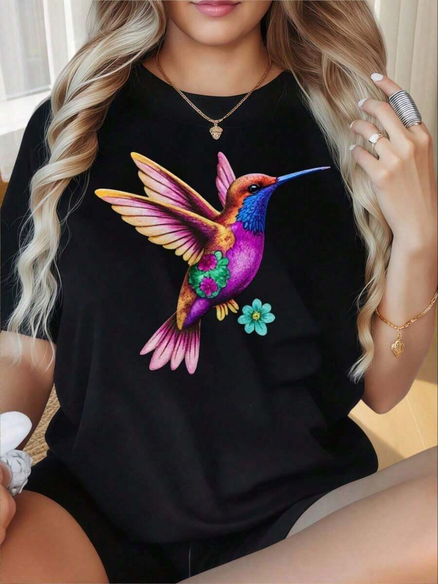 Women's Round Neck Short Sleeve T-Shirt With Fun Colorful Hummingbird Print, Casual Short Sleeve T-Shirt, Fashion Graphic Tee, Summer Outfit, Suitable For Valentine's Day, Christmas Parties, Sports Activities, Holiday Parties, Outings, Sports And Other Festive Gifts. Soft. - 黑色 - 查看 1