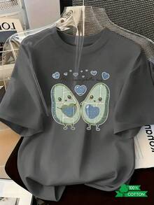 New 2026 Collection: Cotton T-Shirt With Anime Letter Print, Women's Round Neck T-Shirt, Simple Design, Comfortable And Breathable, Stylish And Versatile, Suitable For Sports And Leisure, A Must-Have For Summer, Local Shipping, Cartoon Avocado Blue Heart Print, Lightweight Cotton. - 黑色 - 查看 10
