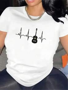 Guitar Heartbeat Pattern T-Shirt | Durable And Comfortable, Suitable For Home, Office Or Outdoor Use, Soft Fabric, Fashionable Everyday Wear, Lightweight And Breathable Top, Round Neck, Medium Stretch Fabric, Print. - 白色 - 查看 7