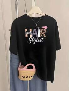 New 2026 Women's Short Sleeve T-Shirt With Barber Print, Modern And Unique Design, Summer Gift, Ideal For Parties And Everyday Wear. Elegant Party Outfit/T-Shirt For Elegant Ladies/Blouses Suitable For Curvy Women/Prom Skirts/Casual Wear - 黑色 - 查看 1