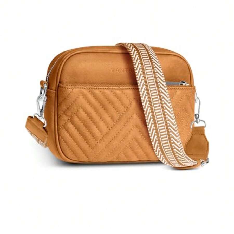 Premium Quilted Crossbody Bags For Women With Anti-Pickpocket Clip, Vegan Leather Handbags, Travel Purses For Women - 棕褐色提花肩帶 - 查看 1