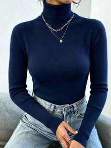 High-Neck Elastic Knit Sweater: Warm And Thin For Layering In Cold Weather - Navy Blue - View 2