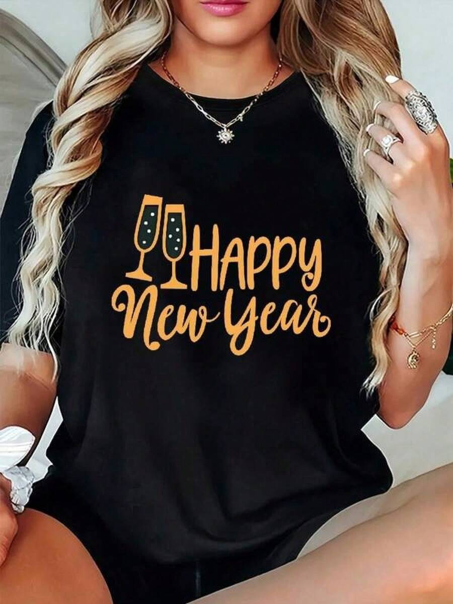 Women's T-Shirt For New Year's And Christmas 2026 - Champagne Print, Short Sleeve, Round Neck With Numbers 2026, Casual Outfit For New Year's Eve Parties And Christmas Celebrations (Machine Washable) - White Blouse By Dtdx - 黑色 - 查看 1