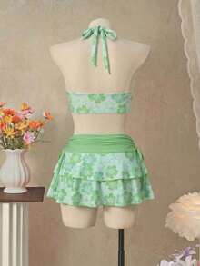 Bellisia Conjunto de 3 piezas con top de bikini triangular con cuello de halter naranja y falda a juego, para playa/resort - Multicolor 6 - Ver 3
