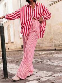 Striped Shirt, Long Sleeve, Suitable For Women In Spring, Summer And Autumn, Fashionable Loose Fit, With Striped Pattern And Buttons, Ideal For Outings And Vacations - Red - View 5