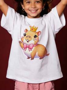 New In 2026 Girls' Summer Short Sleeve T-Shirt With Capybara Applique And Pink Bow. - Karlotta Capybara Print Round Neck Casual Blouse. For Parties And Casual Outfits NY-DX7357 In Spanish Girls' T-Shirt, Kids' T-Shirt, Cotton T-Shirt, Printed T-Shirts - 白色 - 查看 1