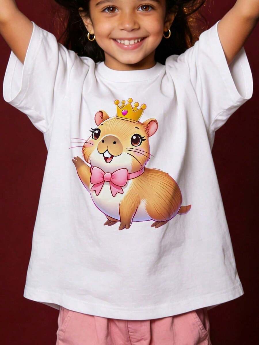 New In 2026 Girls' Summer Short Sleeve T-Shirt With Capybara Applique And Pink Bow. - Karlotta Capybara Print Round Neck Casual Blouse. For Parties And Casual Outfits NY-DX7357 In Spanish Girls' T-Shirt, Kids' T-Shirt, Cotton T-Shirt, Printed T-Shirts - 白色 - 查看 1
