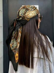 Women's Large Square Satin Scarf 90x90 Elegant Fashion Bandana For Hair And Neck - L5-Preto - 查看 4