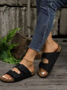 女款極簡露跟舒適度假風 Birkenstocks 風格平底穆勒涼鞋，米色，夏季鞋 - 黑色 - 查看 8
