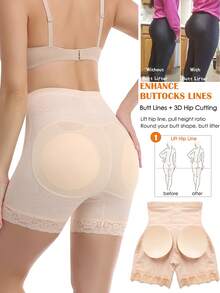 Women Butt Lifter Padded Lace Shapewear High Waist Tummy Control Panties Butt Shaping Hip Enhancer Body Shaper Fake Buttock Underwear Shorts - 米色 - 查看 2