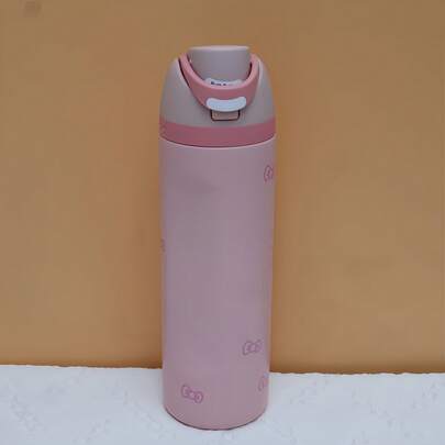  OWALA 24oz Leakproof Insulated Water Bottle With Straw, Girly All-Pink Bow Print Stainless Steel Tumbler For Gym & Travel