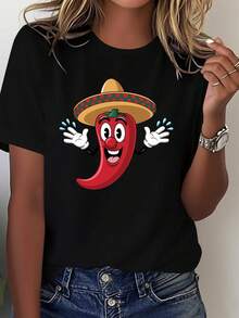Women's 100% Cotton T-Shirt With Mexican Chili Print - Bright Design Of Chilies And Cacti, Casual Round Neck Top With Chili Powder Print, Comfortable For Everyday Wear In All Seasons, Showcasing Mexican Cultural Charm. - 黑色 - 查看 1