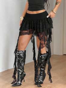 Conjunto de primavera para concierto, festival de música y fiesta - Ropa casual con volantes y flecos de cintura baja, estilo Y2K para mujer - Negro - Ver 10
