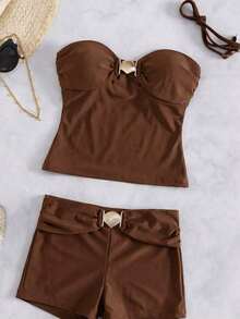 Conjunto de bikini bandeau elegante negro para mujer de Bonvoyette con tirantes desmontables, traje de baño de dos piezas con cintura alta estilizadora 2026 con adorno de concha, top bandeau y shorts tipo boy, ropa de playa minimalista y elegante para vacaciones de verano, resort y fiestas en la piscina - Marrón - Ver 6