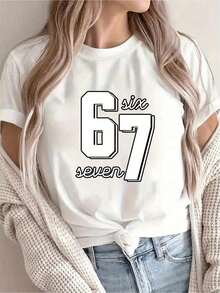 [New Arrival Recommendation] Women's Creative Letter Pattern Festive Seventy-Seventh Birthday Print T-Shirt, Casual Holiday Wear, Short Sleeve, Round Neck, Spring/Summer, Machine Washable, New Women's Clothing, Versatile, Slimming Effect, Sporty, Loose Blouse - 白色 - 查看 6