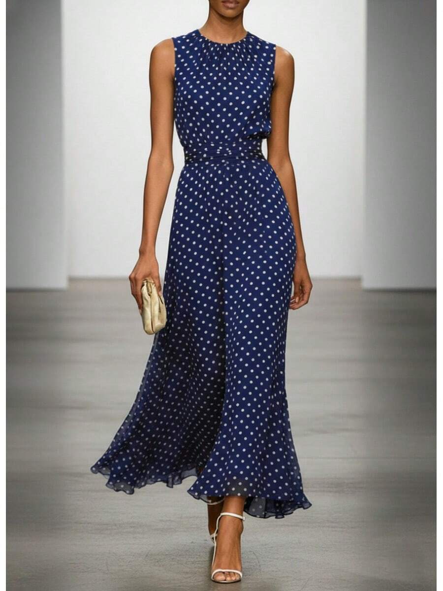 New European And American Spring Polka Dot Sleeveless Dress Women French Style Waist Cinching Elegant Long Slimming A-Line Dress - 藍色 - 查看 1