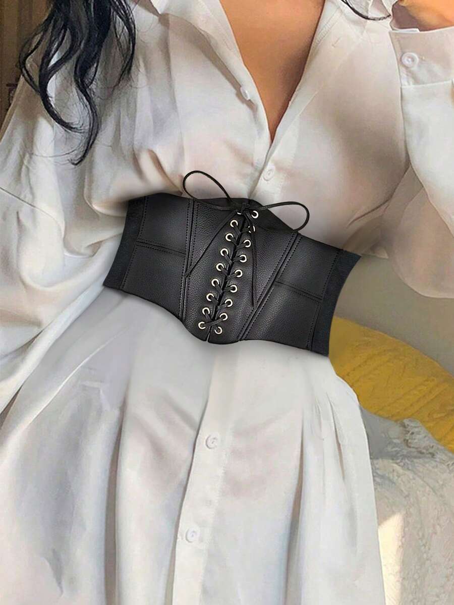 1件女款黑色蕾絲腰部彈性腰帶，性感束身衣，適合萬聖節派對、通勤、聚會、街頭風