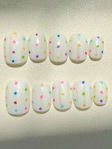 10Pcs Handmade Short Oval Press On Nails, White Base With Rainbow Polka Dots, Fresh & Vibrant Style - Multicolor - View 2