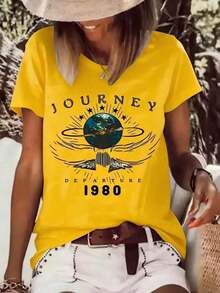 Women's Vintage Printed T-Shirt 'Journey Departure' From 1980, Casual Short Sleeve Fashion, Summer 2026, Comfortable Fit, Round Neck - 黃色 - 查看 2