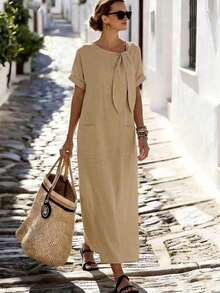 Holidaya Vestido de mujer de manga corta de longitud media con cuello de corbata, bolsillo suelto y textura de tela de color albaricoque para uso diario, viajes y vacaciones. Vestido largo de mujer estilo resort, vestido casual de verano Zanzea para mujer. Vestidos casuales largos para mujer en color azul claro, azul bebé y turquesa. - Caqui - Ver 11