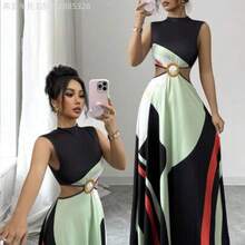 Yunuo Menswear  Vestido de mujer de manga corta sin mangas con hebilla redonda de contraste de color geométrico negro y verde, decoración de cintura hueca + vestido largo hasta el tobillo de línea A, elegante moda francesa de vacaciones y citas, nuevo vestido de verano sexy - Multicolor - Ver 1