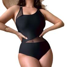 Nuevo traje de baño sexy de una pieza con malla y empalme de color sólido 2448 - Negro - Ver 5