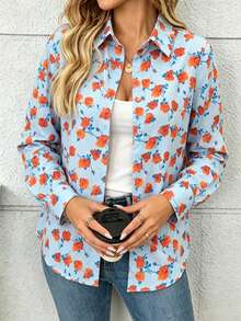 Women's Floral Print Casual Shirt Spring Vacation - Blue - View 1
