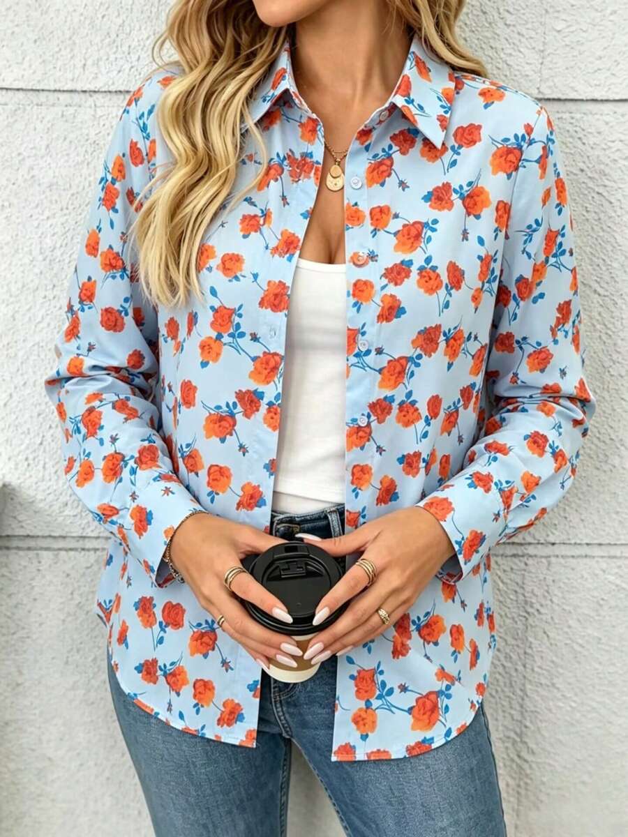 Women's Floral Print Casual Shirt Spring Vacation - Blue - View 1