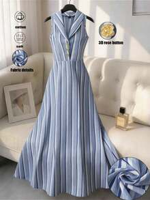 Nuevo vestido maxi de primavera/verano para mujer de "algodón suave con rayas azules rastreables", con un elegante estilo retro francés, cintura ceñida y vuelo, decorado con flores de rosa 3D, vestido camisero floral con botones, vestido largo sin mangas, vestido maxi elegante de verano, vestido de gala con estampado de rayas azules, vestido de fiesta formal - Azul y blanco - Ver 1