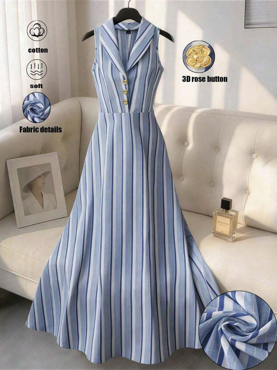 Nuevo vestido maxi de primavera/verano para mujer de "algodón suave con rayas azules rastreables", con un elegante estilo retro francés, cintura ceñida y vuelo, decorado con flores de rosa 3D, vestido camisero floral con botones, vestido largo sin mangas, vestido maxi elegante de verano, vestido de gala con estampado de rayas azules, vestido de fiesta formal - Azul y blanco - Ver 1
